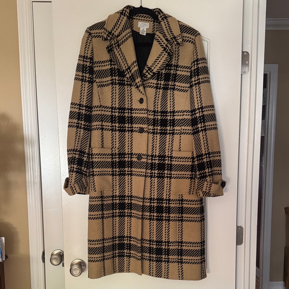LOFT Tan and Black Plaid Pea Coat